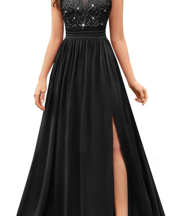 Miusol Women's Vintage V-Neck Sleeveless Sequined Split Formal Evening Maxi Dress