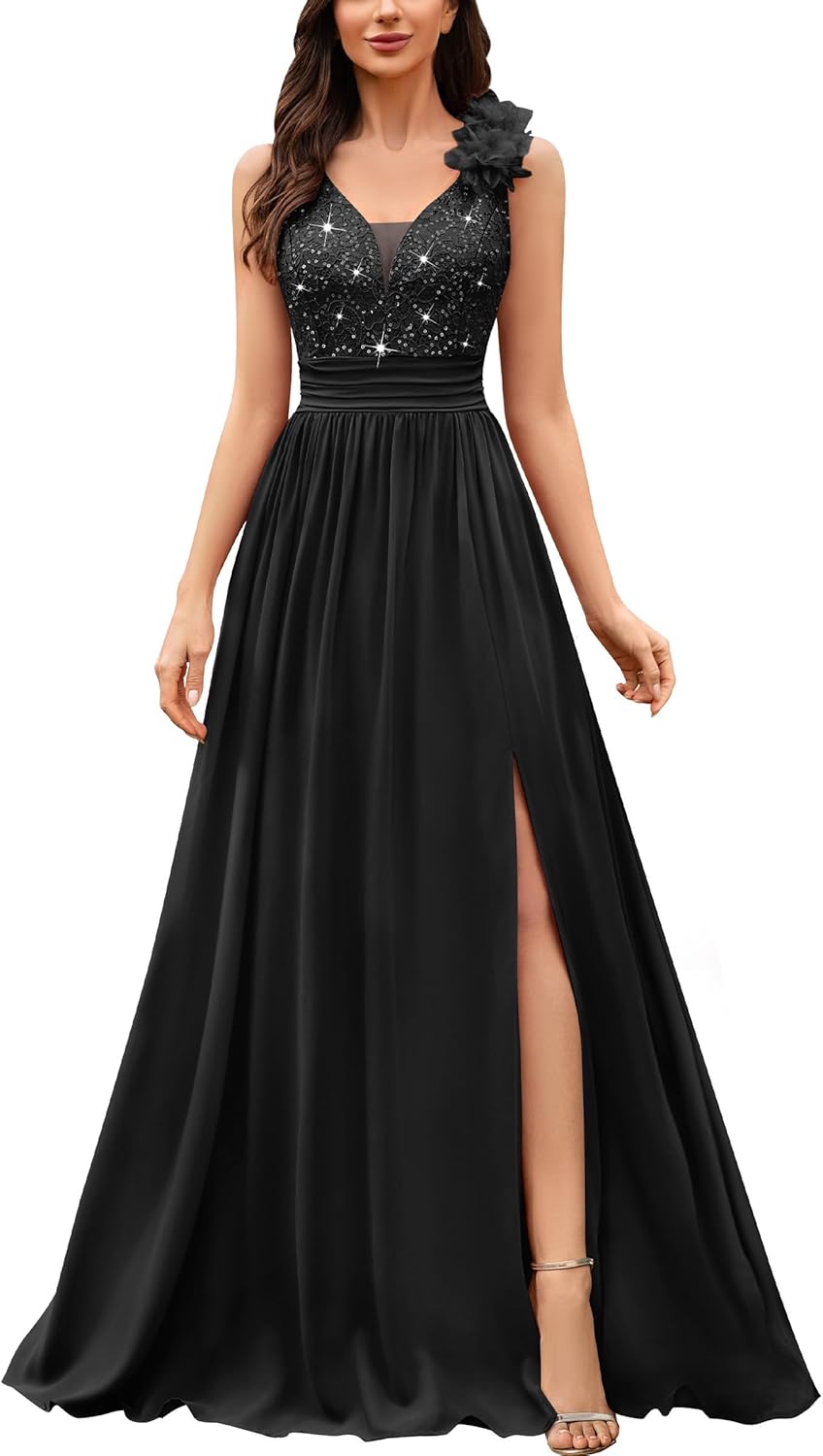 Miusol Women's Vintage V-Neck Sleeveless Sequined Split Formal Evening Maxi Dress