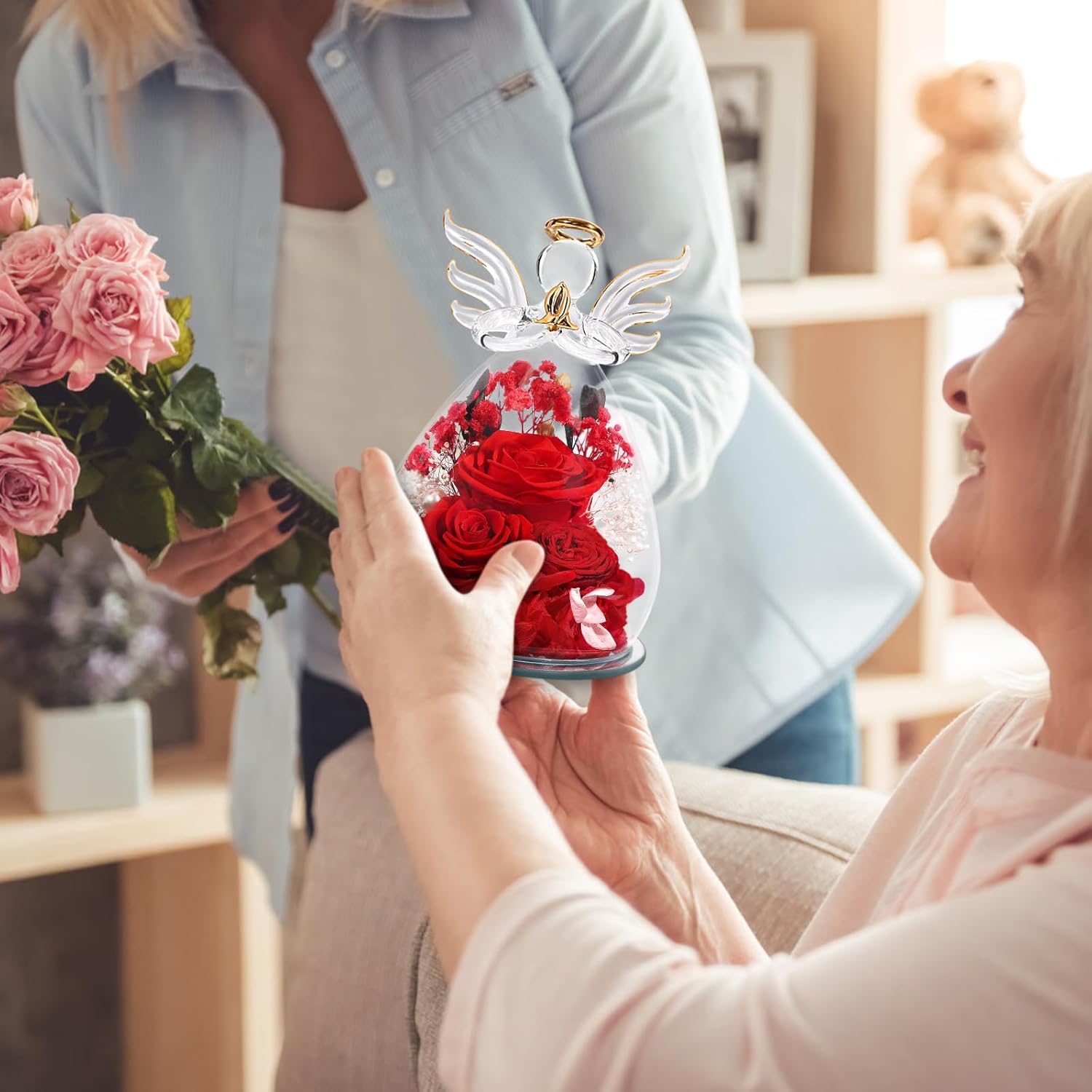 Gifts for Women Preserved Rose Forever Flower in Glass Angel Figurines Fresh Flowers for Delivery Prime Mothers Day Birthday Gifts for Mom Real Red Roses for Grandma Sister Wife Her from Daughter