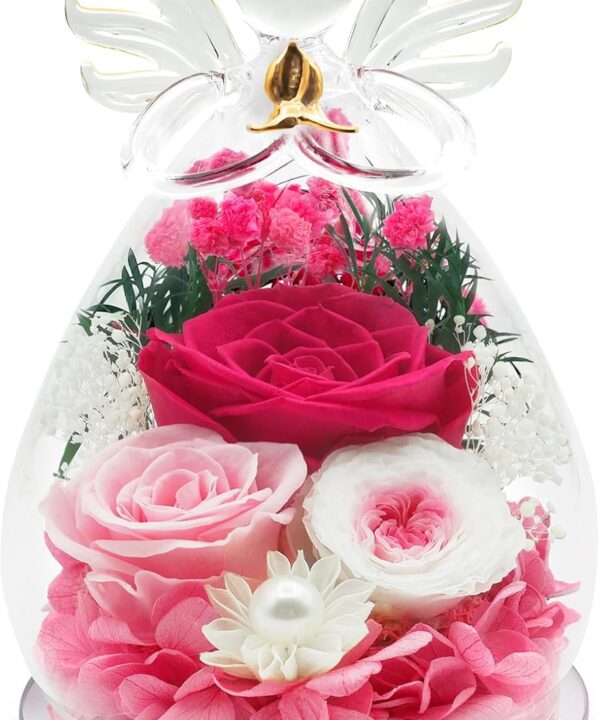 Birthday Gifts for Women Preserved Flowers in Glass Angel Figurines Forever Fresh Flowers for Delivery Prime Preserved Rose Gifts for Her Real Pink Rose for Mom Wife Sister Grandma on Anniversary ﻿