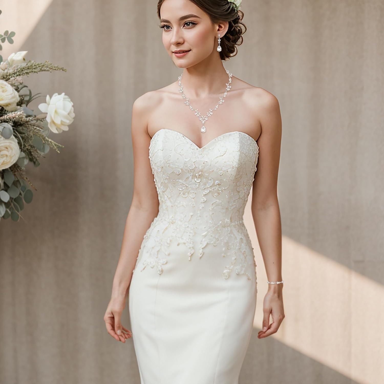 BriLove Wedding Jewelry Set for Women Bride, Y-Necklace Tennis Bracelet Dangle Earrings Crystal Teardrop Marquise Cluster for Bridal Bridesmaid