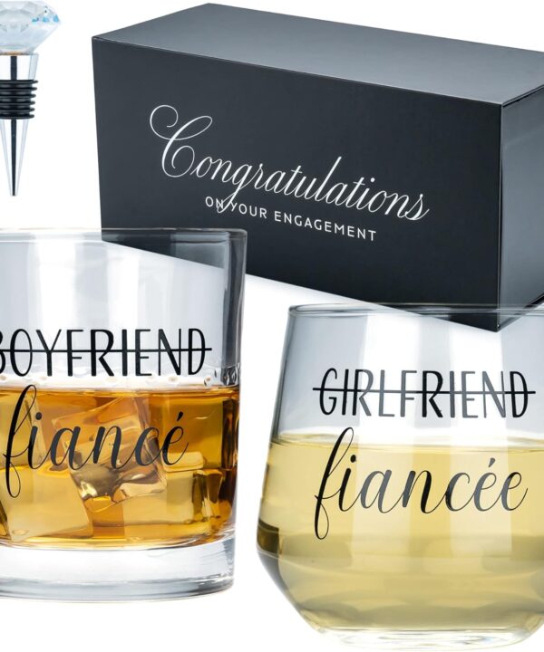 Engagement Gifts for Couples - Unique Fiance Gift for Him or Her! Whiskey Wine Glasses with Diamond Wine Stopper