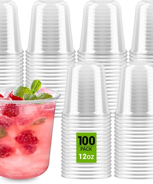 12 oz Disposable Stemless Wine Glasses, 100 Pcs Crystal Plastic Cocktail Cups Clear Classic Cold Drinking Party Glasses for Wedding Gathering Birthday Meeting (Clear)