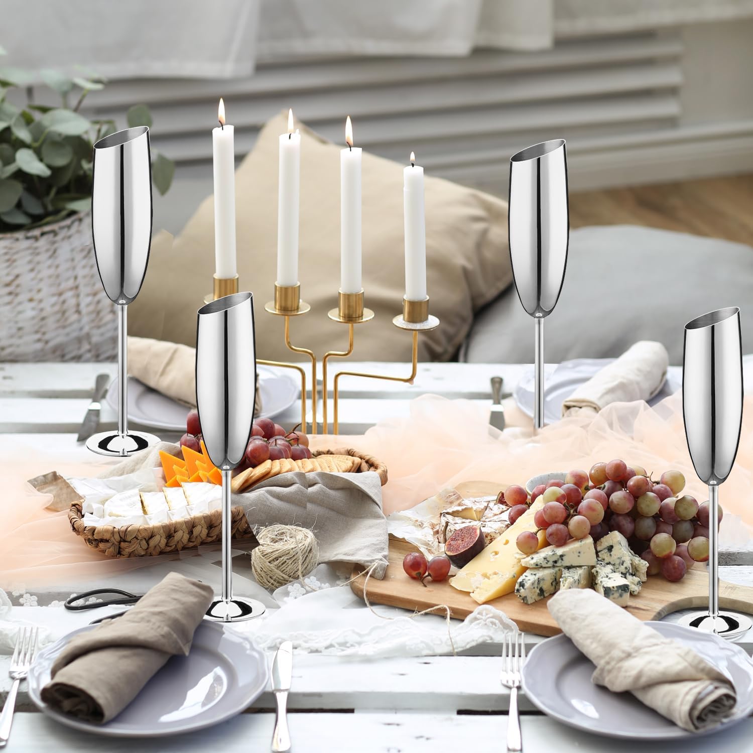 Silver Champagne Glasses Set of 2,8.2oz Stemmed Stainless Steel Unbreakable Champagne Flutes, Vintage Tall Metal Wine Glasses for Drinking Toasting Anniversary Wedding Christmas