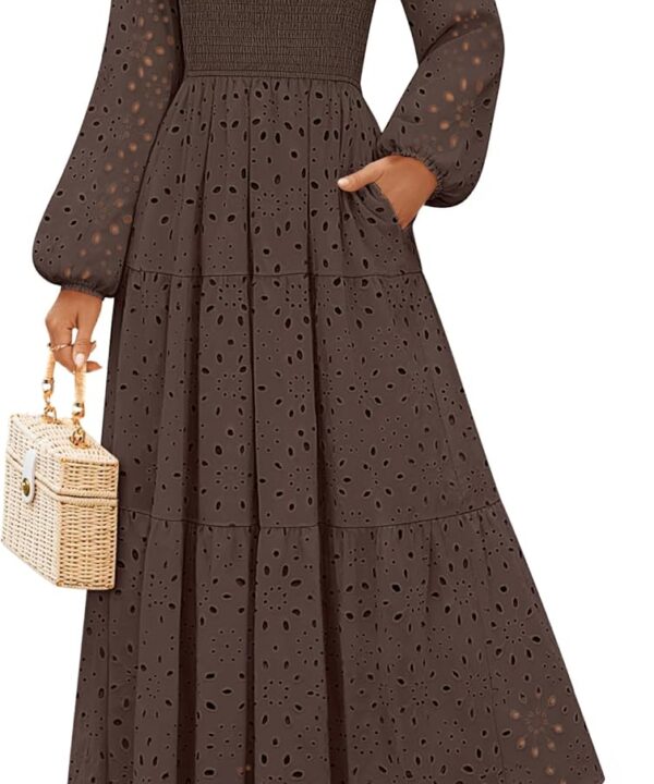 ZESICA Women's Fall Long Sleeve Maxi Dresses 2025 Square Neck Hollow Out Eyelet Smocked A Line Cocktail Party Dress