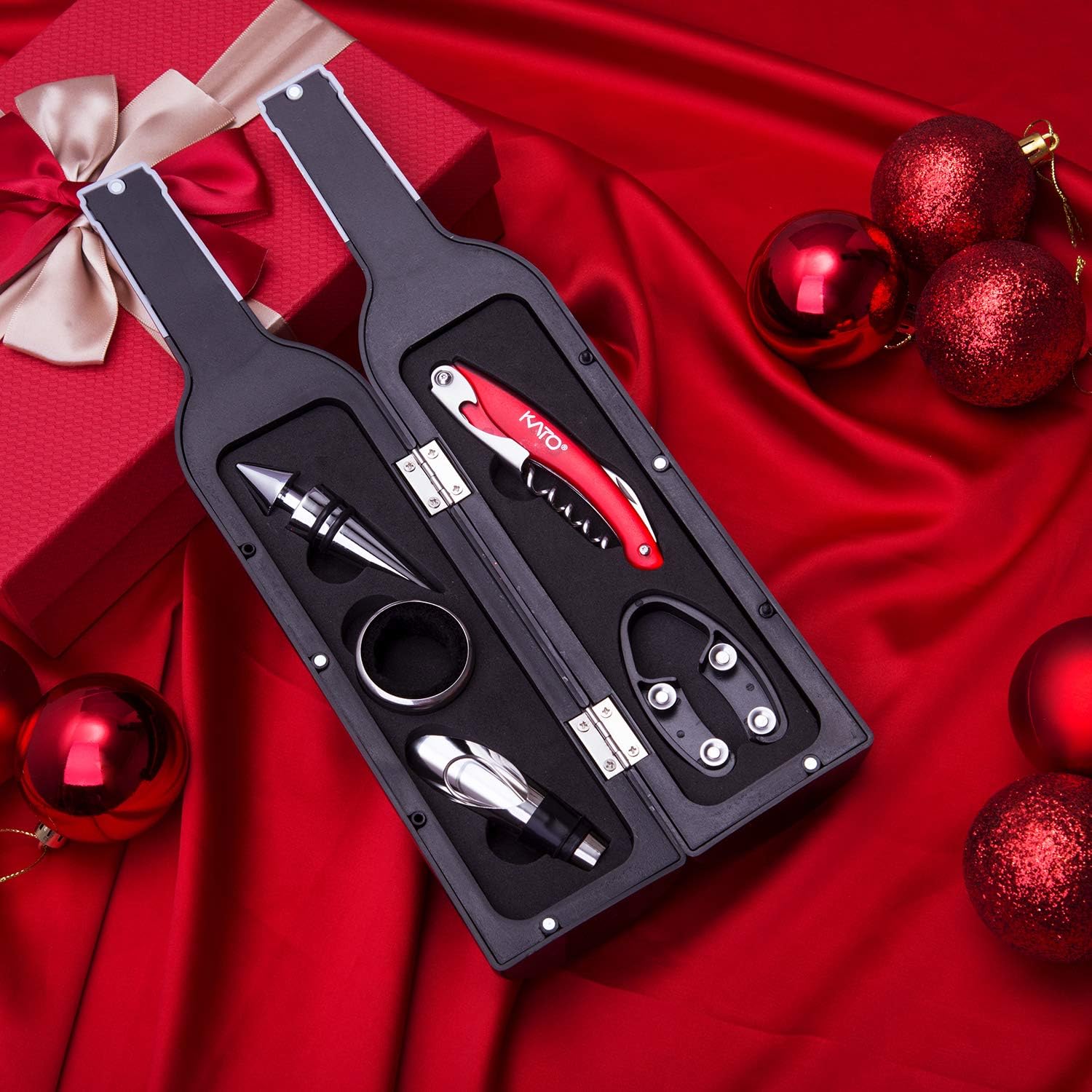 Wine Bottle Opener Gift Set – 5 Pcs Wine Corkscrew Screw pull Accessories for Game Winners Adults by Kato, Great Valentine’s Gifts, Silver