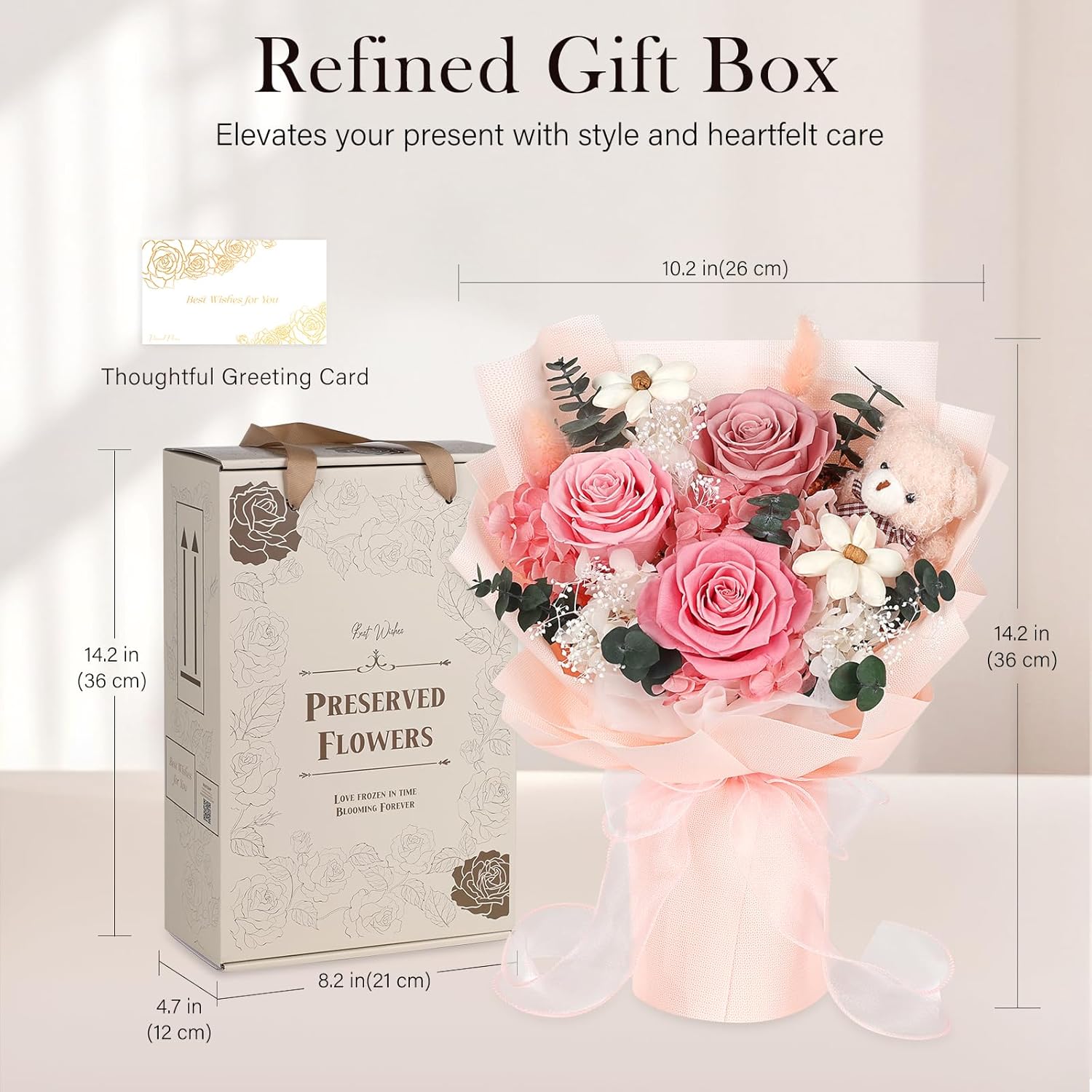 Preserved Flowers Bouquet with Bear, 3 Real Forever Flowers for Delivery, Long-Lasting Pink Eteranl Roses Bouquet Birthday Gifts for Women, Mother, Wife, Her