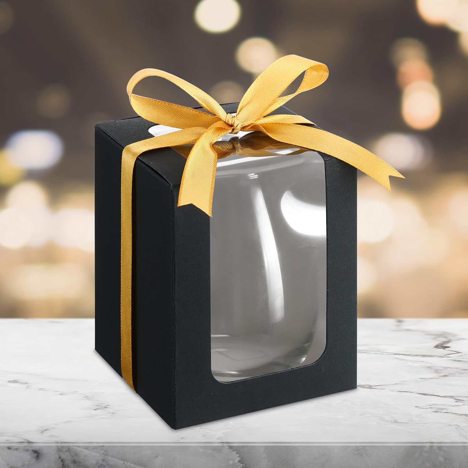 Fulmoon 50 Pack Gift Boxes for Wine Glass Transparent Gift 9 oz Stemless Glass Paper Packaging Box with Ribbon Tag Hemp Rope for Wedding Bridal Shower Baby Shower Birthday(Black)