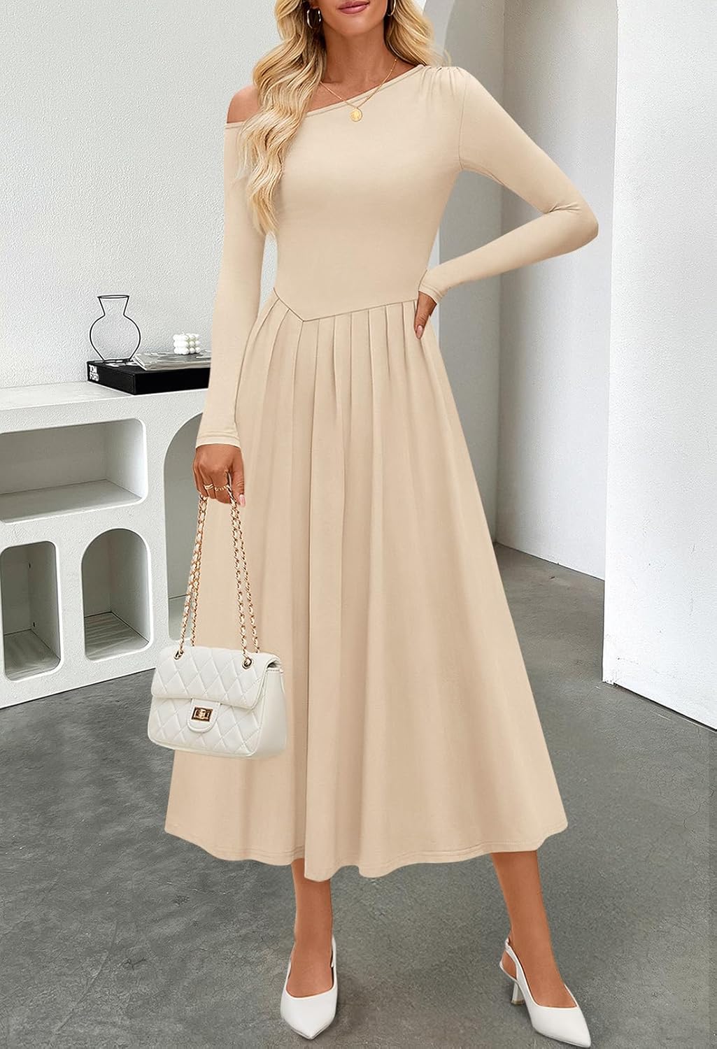 MEROKEETY Women’s Fall Long Sleeve Wedding Guest Dresses 2025 One Shoulder Elegant Formal Pleated Midi Maxi Dress