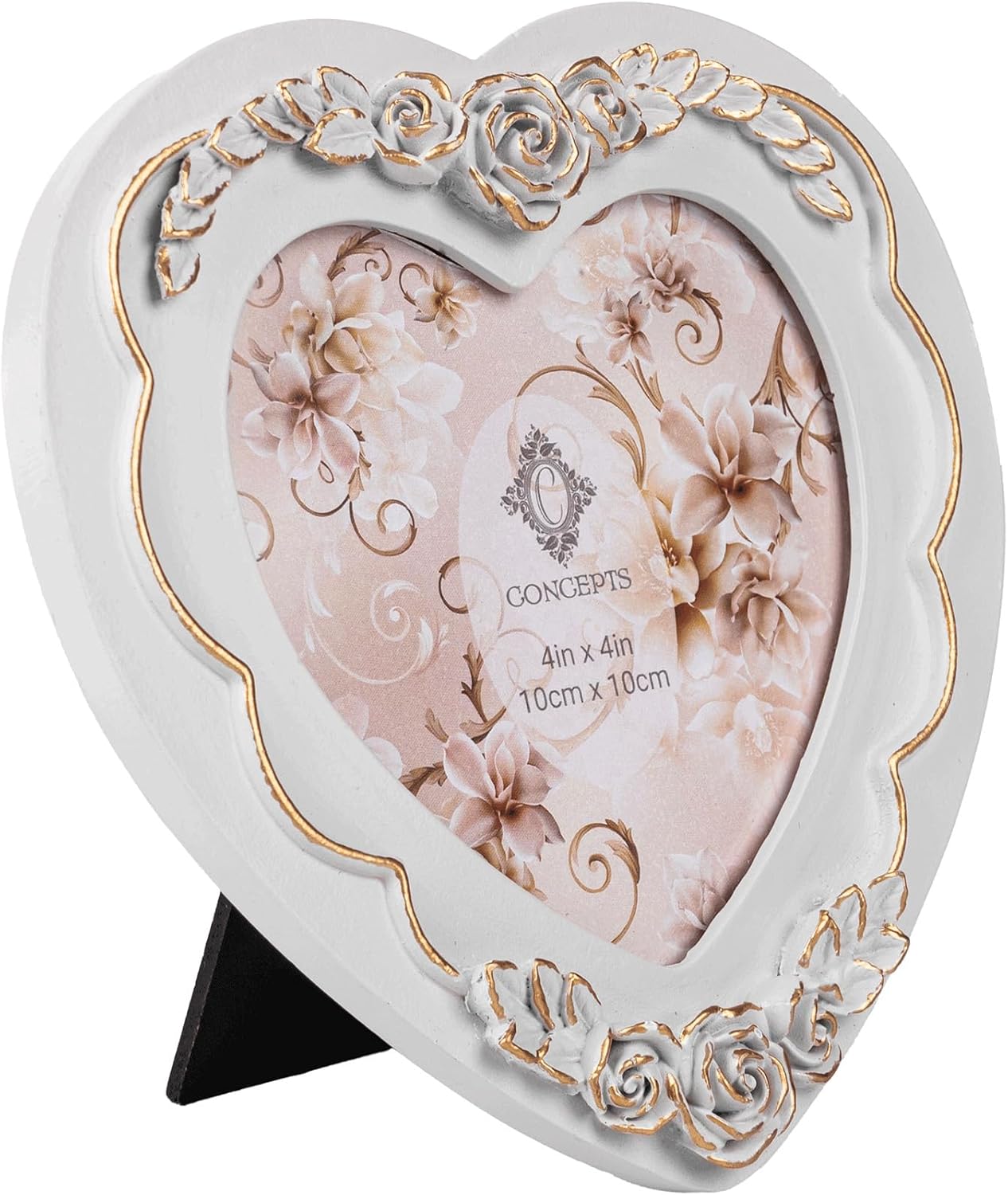Concepts 4×4 White And Gold Resin Heart Shaped Picture Frame With HD Clear Glass, Extra Durable Photo Frames – Tabletop Display (White, 1 Pack)