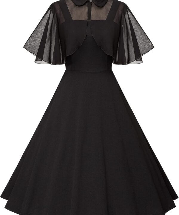 1950s Dresses for Women Vintage Goth Swing Cocktail Dress with Pockets and Chiffon Shawl
