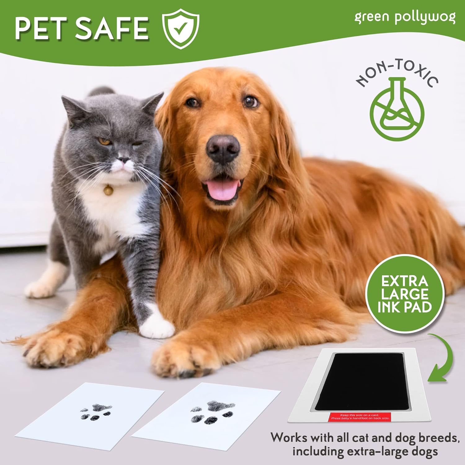 Green Pollywog | Paw Print Pet Keepsake Hinge Photo Frame + Ink Pad Kit | Dog Paw Print Kit | Extra-Large Ink Pad Included | 4 x 6 Picture Openings