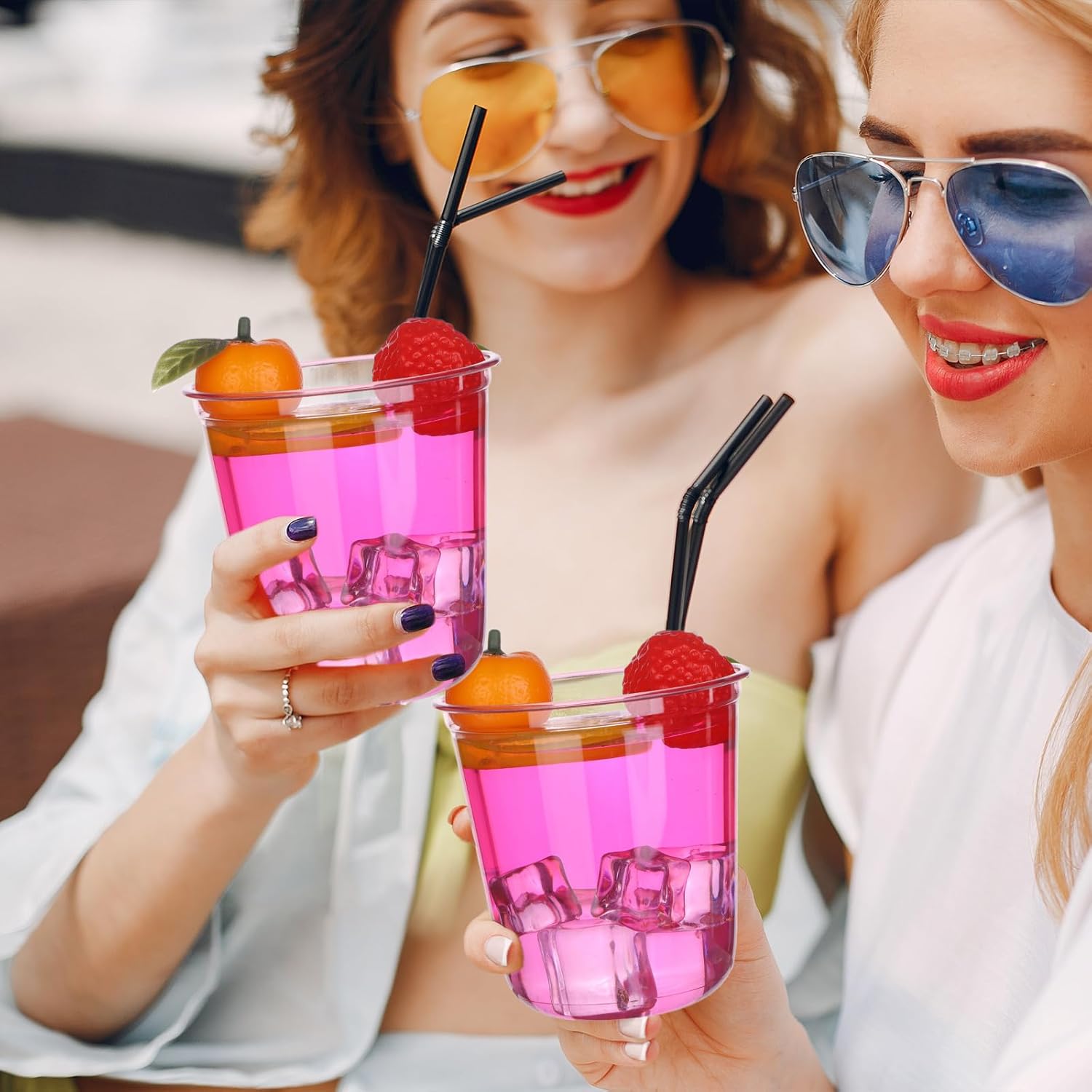 100 Pcs 12oz Plastic Pink Cups Disposable Stemless Wine Glasses Clear Cocktail & Dessert Cold Drinking Cups for Meeting Wedding Birthdays Summer Holiday Party Supplies