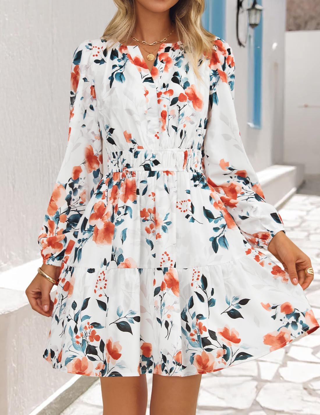 ZESICA Fall Wedding Guest Dresses for Women 2025 Casual Long Sleeve Floral Boho V Neck A-Line Mini Dress with Pockets