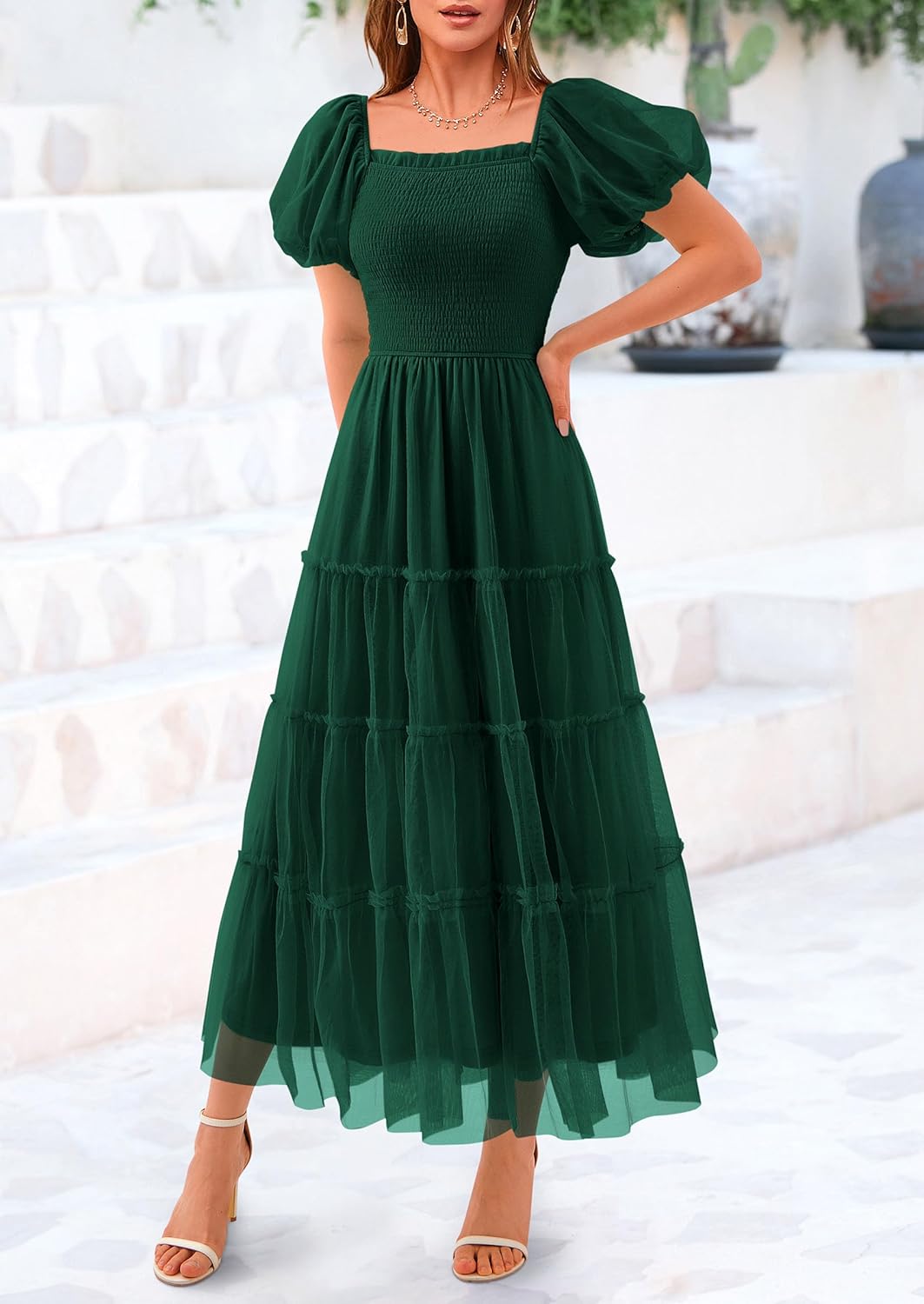 PRETTYGARDEN Women’s Smocked Midi Tulle Dress 2025 Summer Puffy Short Sleeve Square Neck Ruffle Wedding Guest Party Dresses