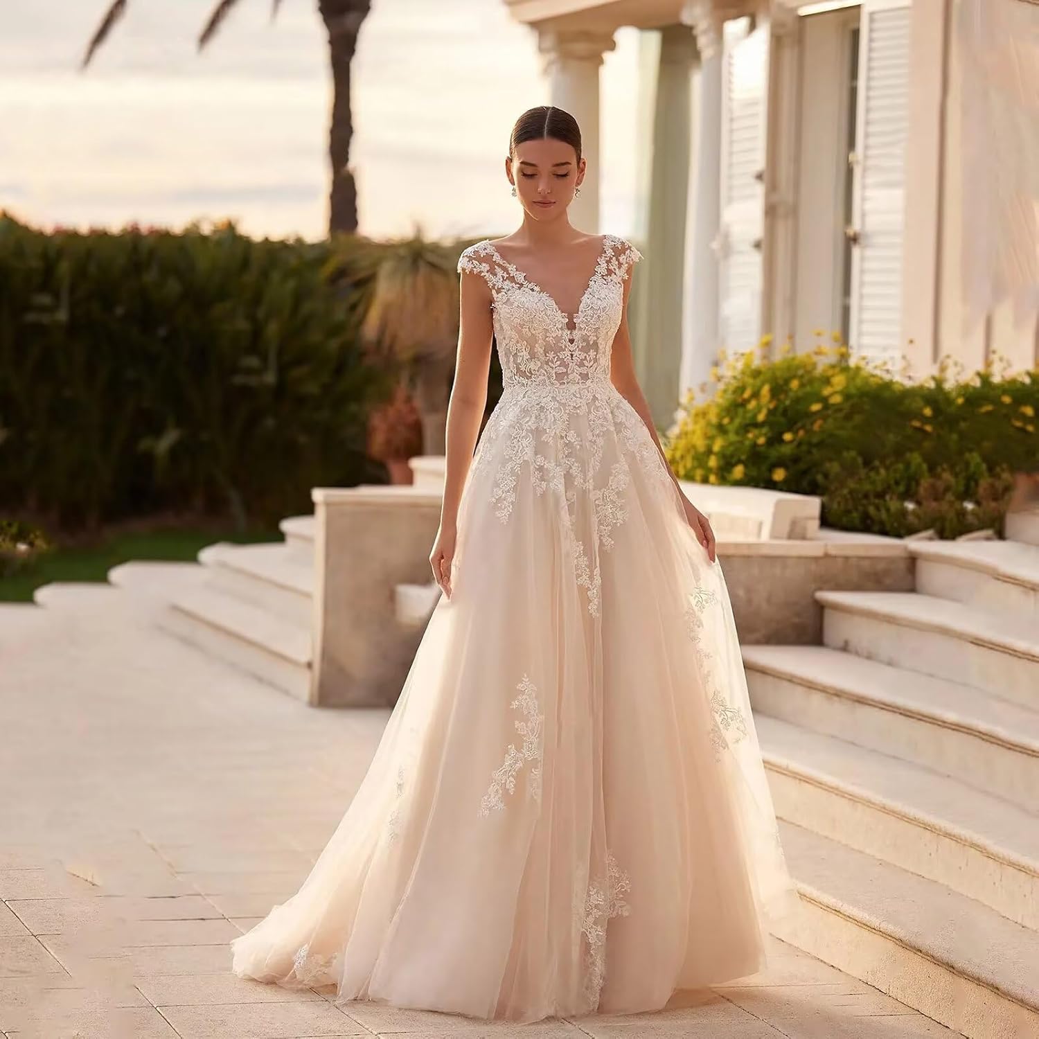 V Neck Wedding Dresses for Bride 2025 Plus Size Tulle A-Line Lace Applique Long Bridal Gowns with Train