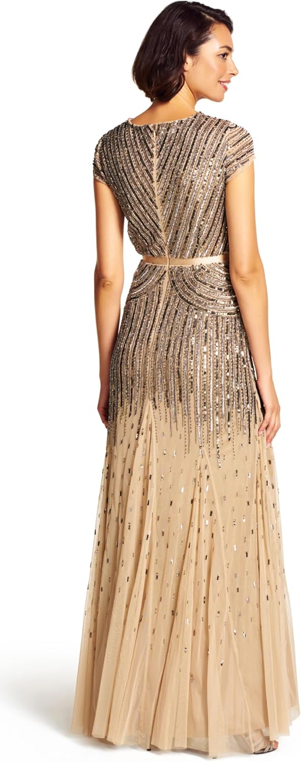 Adrianna Papell Womens Long Beaded V-Neck Dress with Cap Sleeves and Waistband