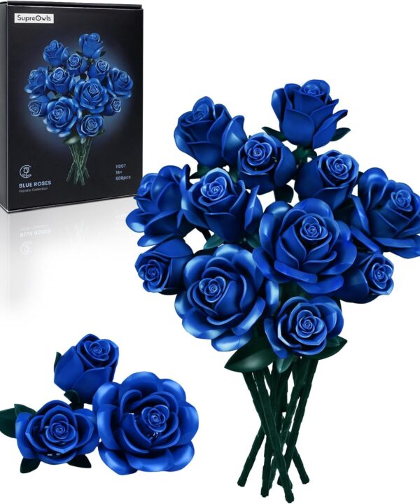 iATOM Blue Rose Bouquet Building Set, Gift for Christmas, Artificial Flowers Botanical Collection for Adults - Gothic Home Office Table Centerpiece Retro Decor - IA11007