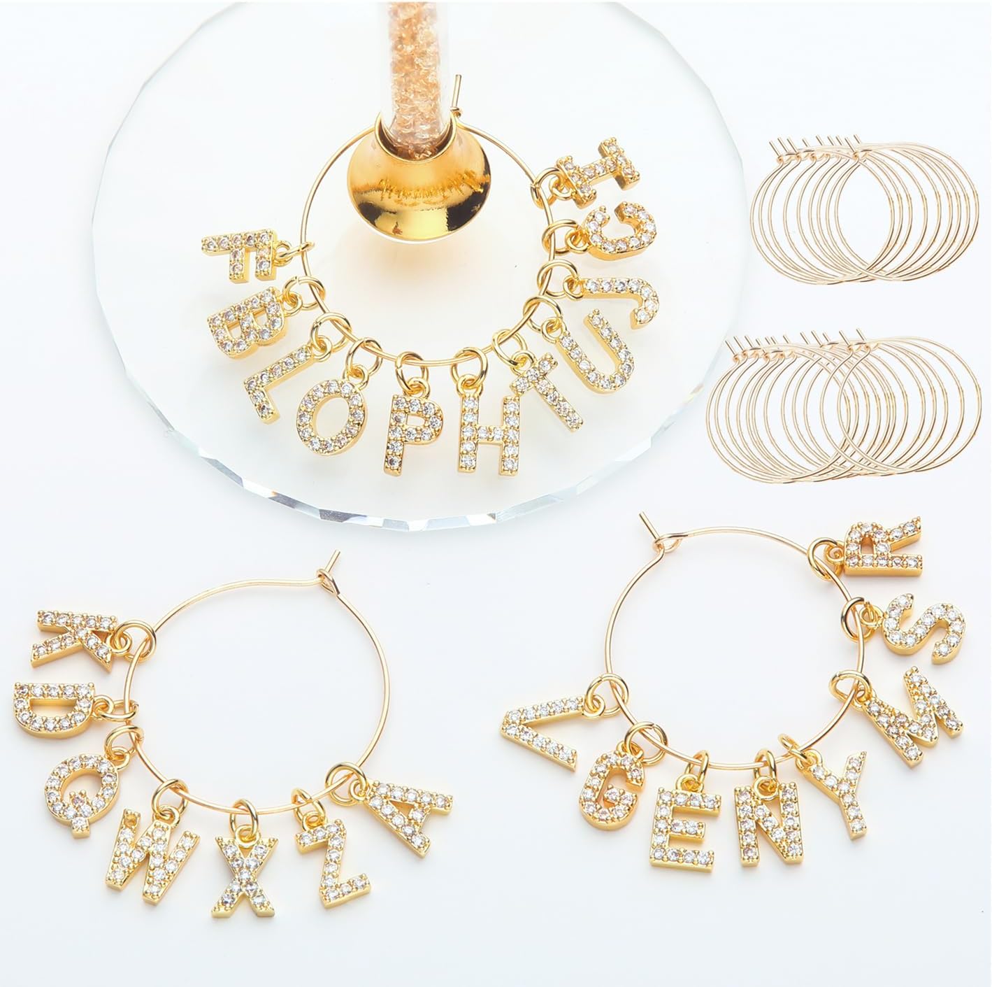 Pride & Par Gold Bling Letter Wine Glass Charms, 26-Piece Set, Diamond Wine Glass Markers for Stem Glasses, Shiny Wedding & Party Decoration