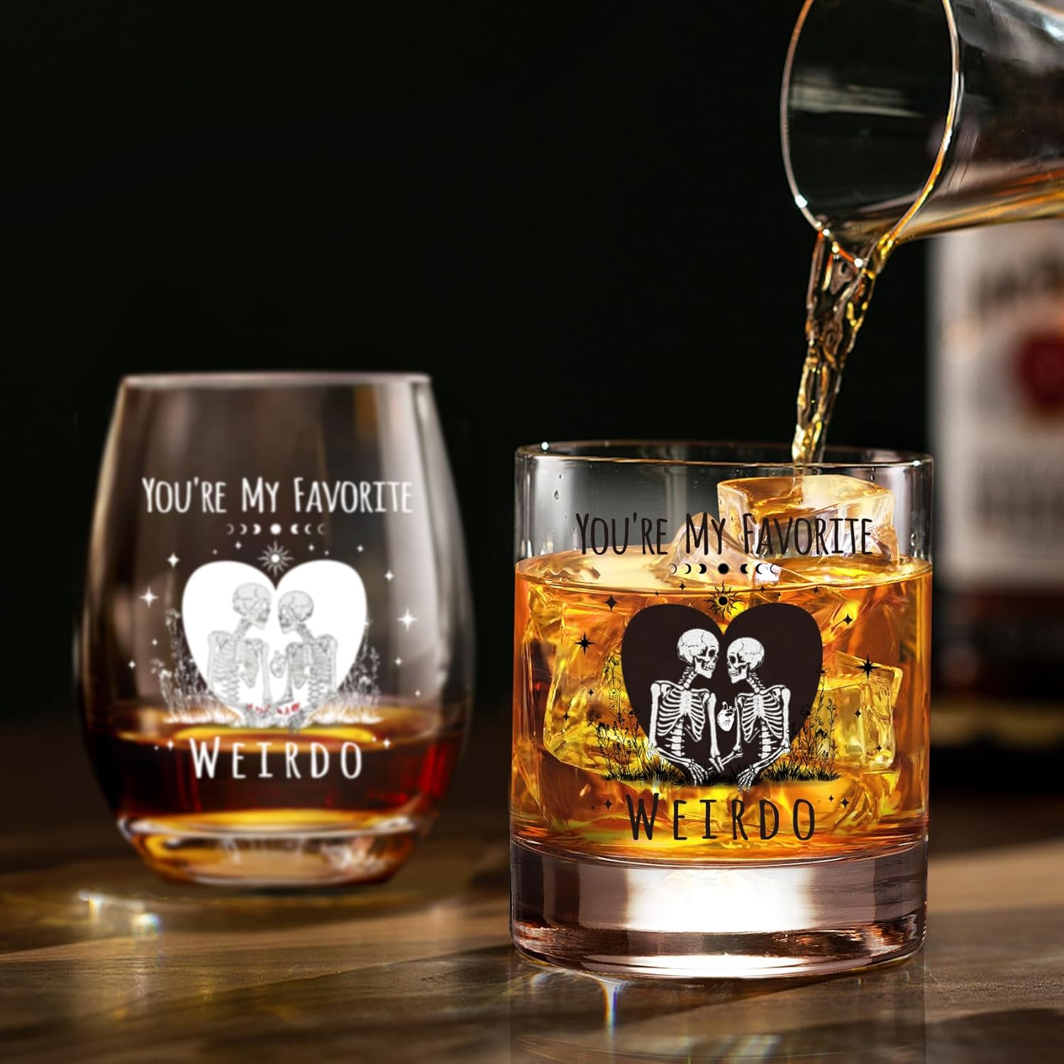 Skull Wine and Whisky Glasses for Couple – ‘You’re My Favorite Weirdo’ His & Hers Gothic Set, Funny Wedding Engagement Gift for Newlyweds Bride Groom Bridal Shower -306