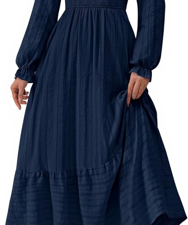 BTFBM Women Maxi Fall Dresses 2025 Long Sleeve Solid Color Square Neck Smocked Boho Long Wedding Guest Dress