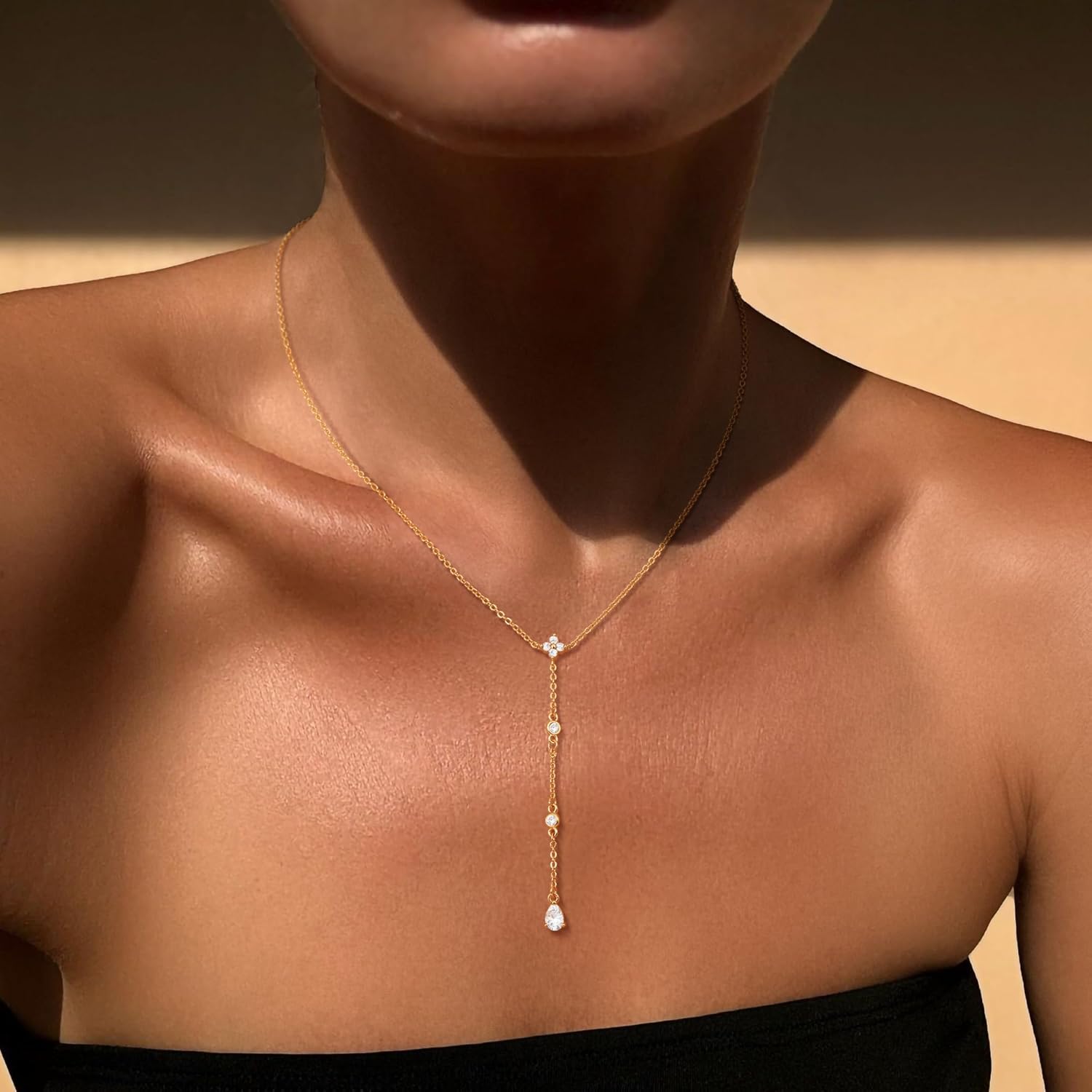 CHESKY Lariat Gold Necklace for Women Trendy, Dainty Long Necklace 14k Gold Plated/Silver Y-Shaped Pendant Necklace Layered CZ Beaded Chain Drop Necklaces Simple Gold Jewelry for Women Gifts