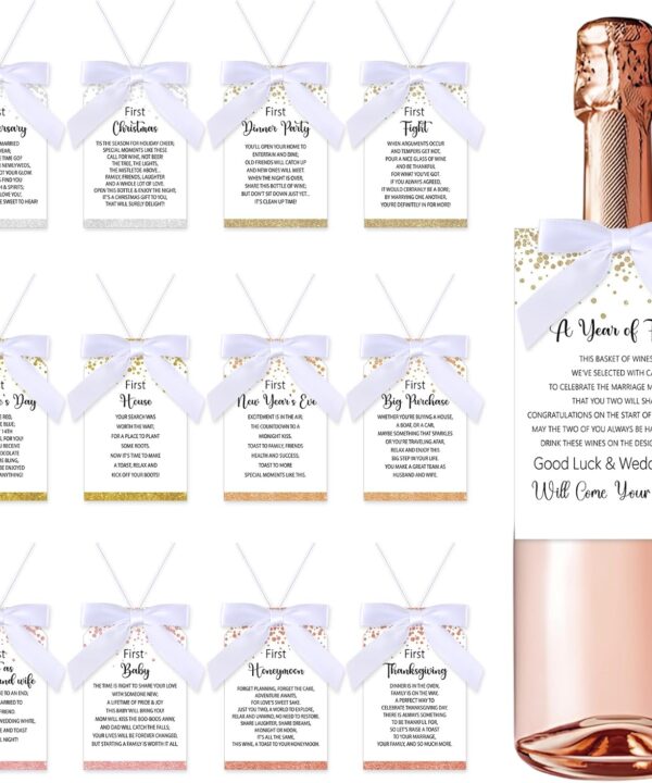 Marriage Milestone Wine Bottle Tags with Bow Ribbon Decor Set, Confetti Themed Wedding Firsts Wine Basket Ideas, Wine Champagne Bottle Labels Hanging Signs Bridal Shower Supplies