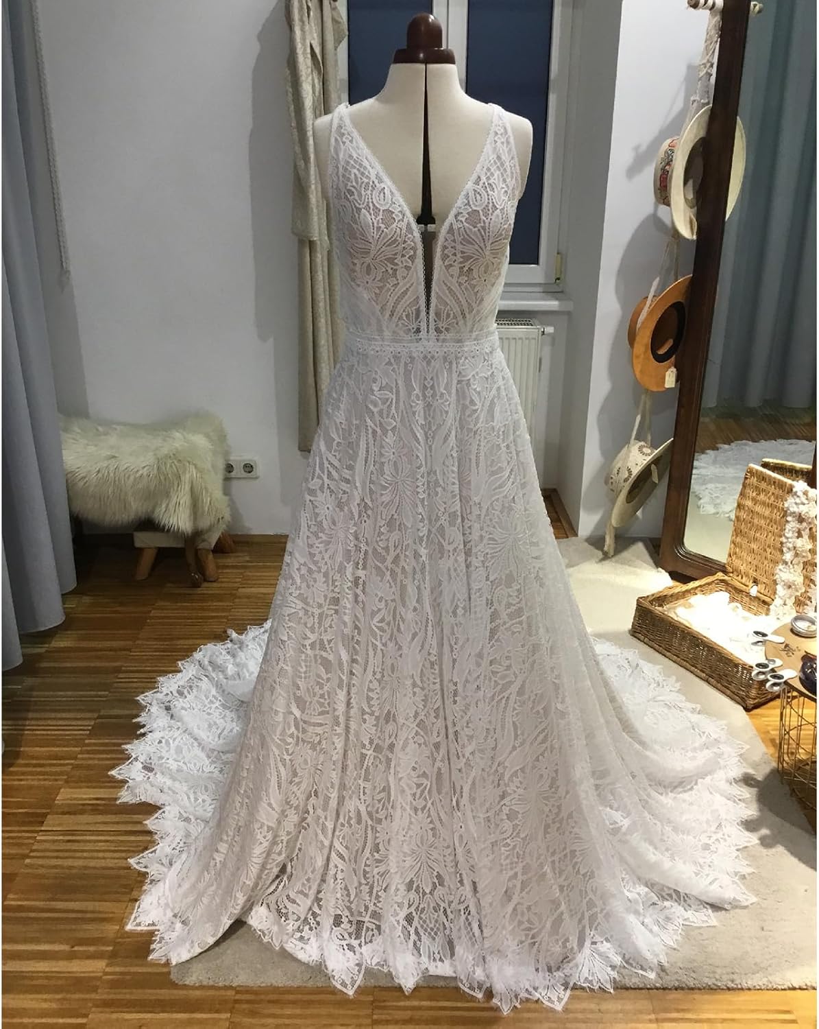 WIOJEIGO Women’s Lace Boho Wedding Dress for Bride with Double Shoulders 2025 Bohemian Long A-Line Beach Bridal Gowns