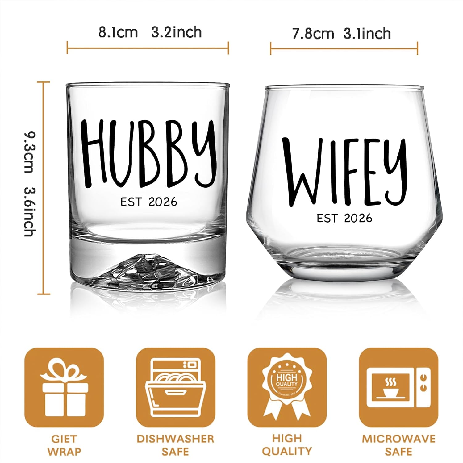 Hubby and Wifey Glasses Gift Set for Couples – Engraved Wine and Whiskey Tumblers, Anniversary Wedding Present, Valentines Day Gift 2026 (2-Piece Set) -256