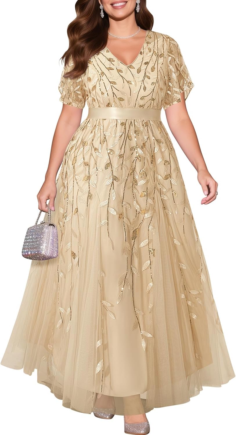 Pinup Fashion Plus Size Formal Dresses – Evening Gowns Wedding Sequin Embroidery V-Neck Prom Long Dress