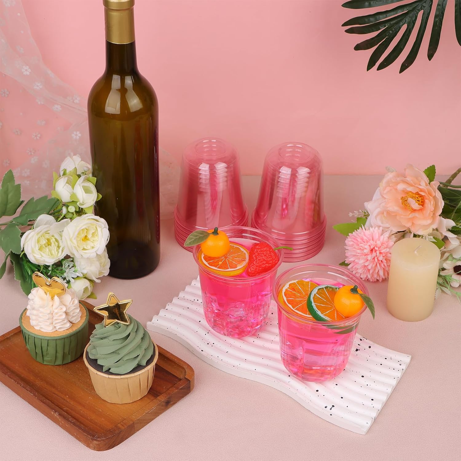 100 Pcs 12oz Plastic Pink Cups Disposable Stemless Wine Glasses Clear Cocktail & Dessert Cold Drinking Cups for Meeting Wedding Birthdays Summer Holiday Party Supplies
