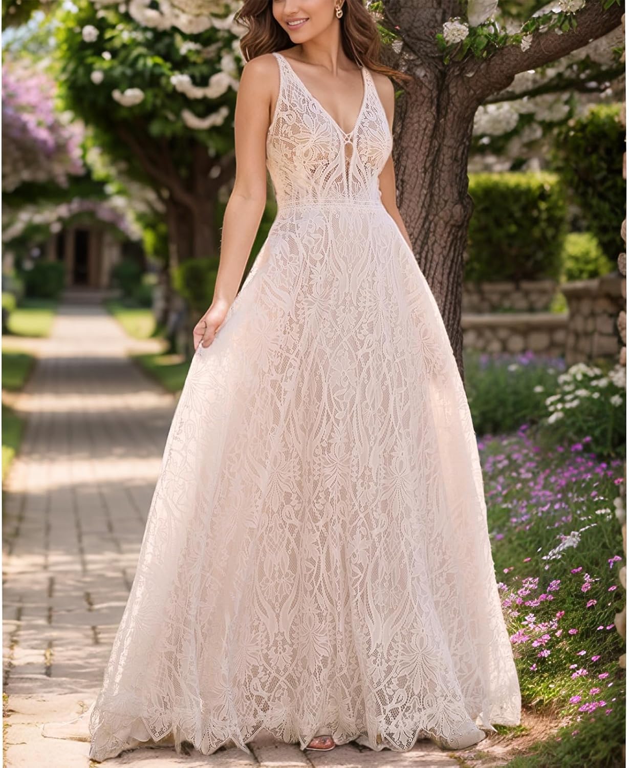 WIOJEIGO Women’s Lace Boho Wedding Dress for Bride with Double Shoulders 2025 Bohemian Long A-Line Beach Bridal Gowns