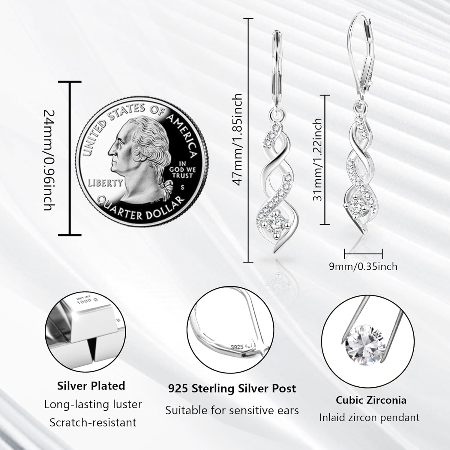 Sterling Silver Drop Dangle Earrings for Women Cubic Zirconia Hanging Dangle Earrings Long Infinity Drop Earring Leverback CZ Earing for Jewelry Gifts