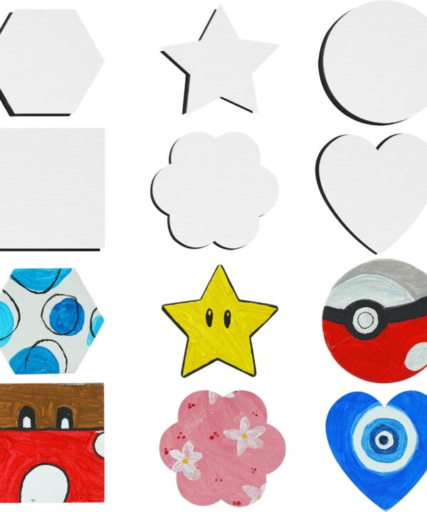 AUREUO Magnetic Mini Canvas Boards for Christmas Painting - 3 Inch 12 Pack Square, Hexagon, Circle, Star, Heart & Flower Shape Craft Art Gift, Tiny Painting Canvas Panel for Acrylic Paint & Markers
