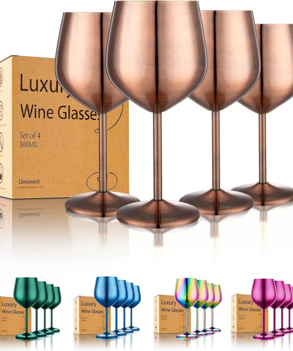 Stainless Steel Wine Glasses Set of 4 Unbreakable Wine Glass 18 oz Unique Metal Wine Goblets for Outdoor, Travel, Camping, Pool, Ideal Gift for Wine Lovers (Red Copper)