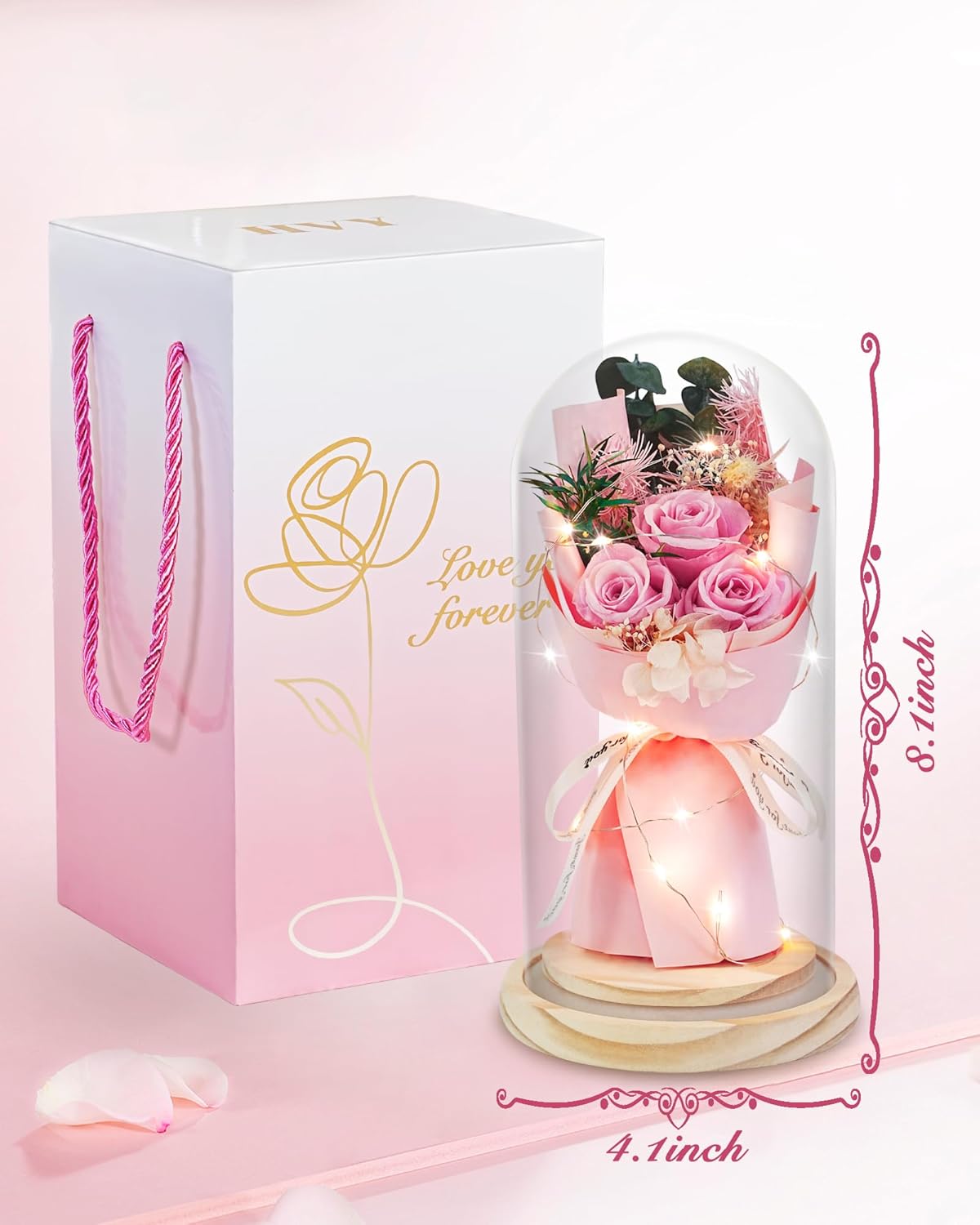 HVY Preserved Flowers Gifts for Her,Preserved Rose Bouquet in Glass Dome,Forever Flowers Fresh Bouquet Present for Women Mothers Day Birthday Gifts for Mom Wife Grandma,Pink Real Rose