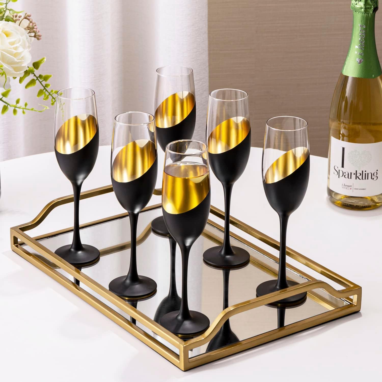 MyGift Modern Stemmed Champagne Flute Glasses Set of 6 with Matte Black and Gold Plated Design, Toasting Glass Party and Wedding Wine Glass, 8 oz