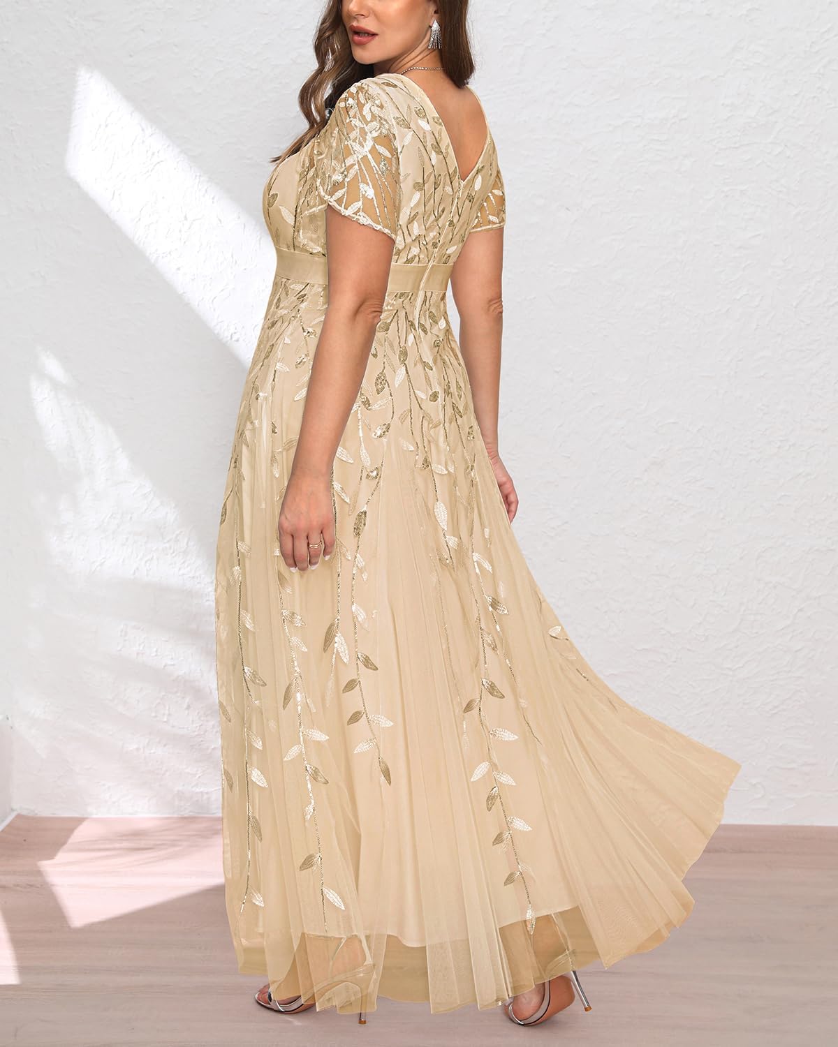 Pinup Fashion Plus Size Formal Dresses – Evening Gowns Wedding Sequin Embroidery V-Neck Prom Long Dress