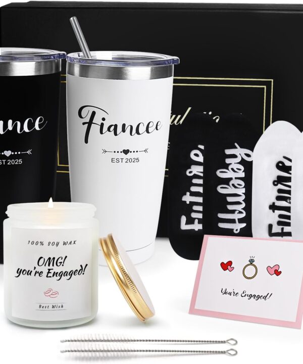 Engagement Gifts for Couples, Cool Wine Engaged Tumbler Gift Set Newly Presents for Women his and her him Fiance Fiancee Friend, Girlfriend Boyfriend Ideas with Straws, Socks, Candle & Greeting Card