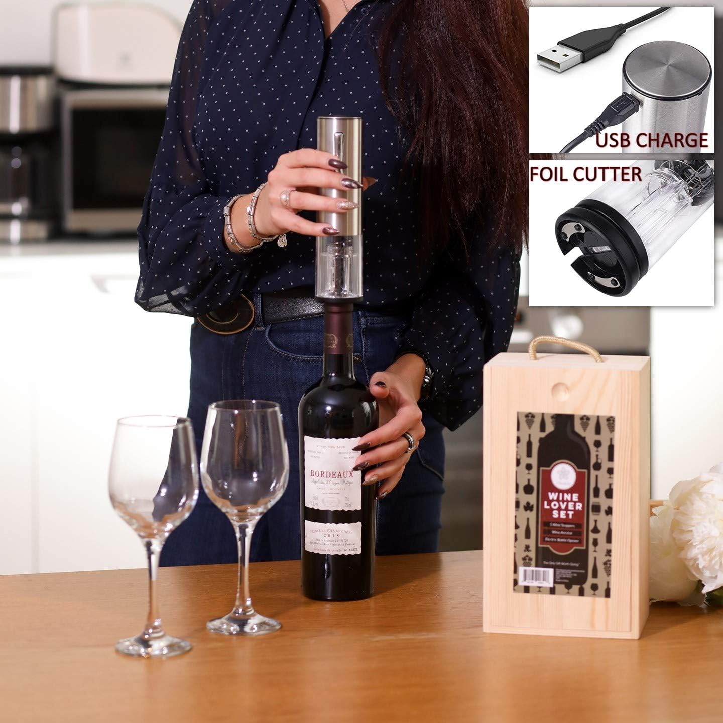Wine Gifts Set Wine Accessories Set w/Wooden Box- Wine Gift Set includes Rechargeable Wine Opener Set, Wine Aerator, Wine Stoppers & Pairing Guide- Wine Basket Gift – Valentine’s Day Gifts for Women