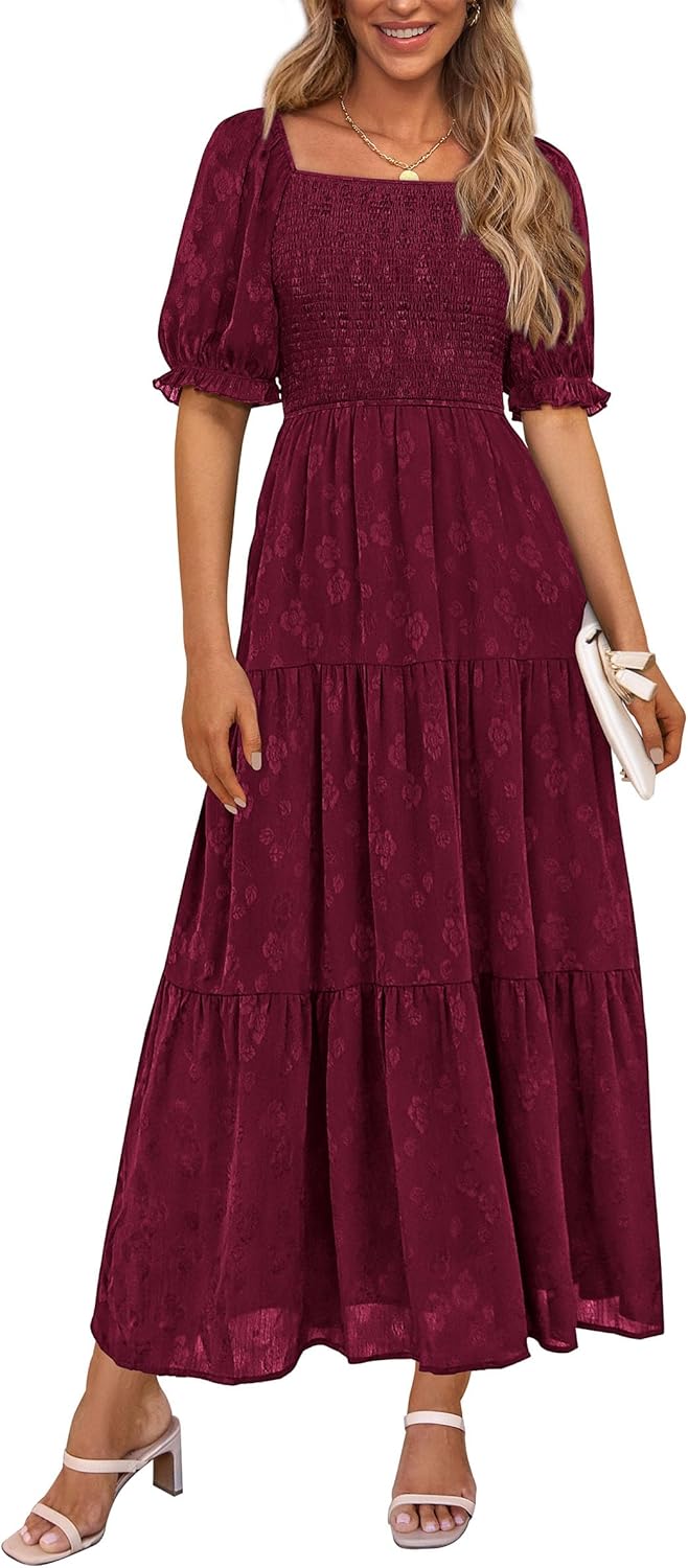 PRETTYGARDEN Women's 2025 Summer Casual Midi Dresses Square Neck Short Sleeve Smocked A Line Floral Flowy Elegant Boho Dress