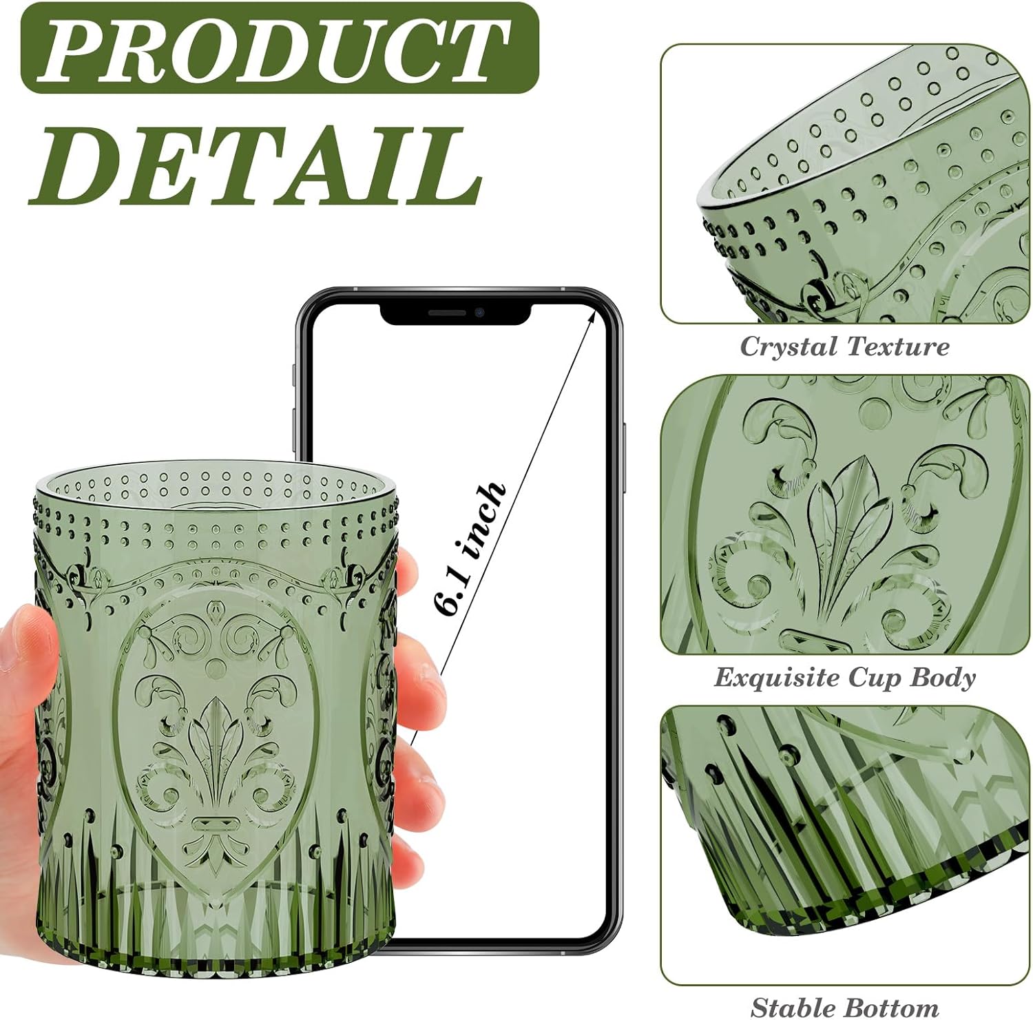 24 Plastic Vintage Drinking Glasses 8.5oz Stemless Retro Embossed Wine Glasses Shatterproof Reusable Cups for Baby Shower Wedding Reception Grand Event Party (Dark Green)