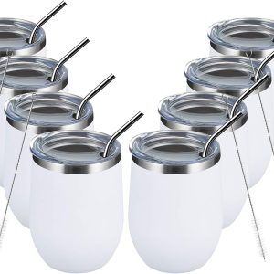 MEWAY 12oz/8 Pack Wine Tumbler Glasses with Lid - Stemless Double Wall Vacuum Stainless Steel Travel Tumbler - Keeping Cold & Hot for Wine,Coffee,Cocktails,Drinks-Family and Gifts (White,Set of 8)