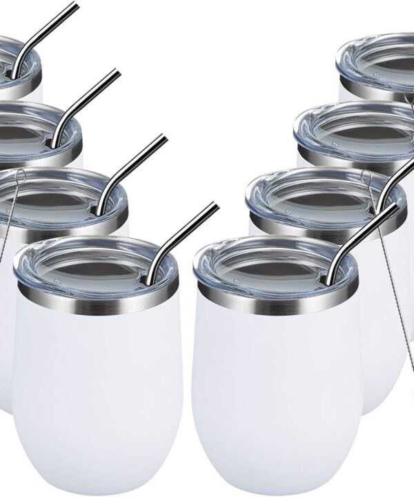 MEWAY 12oz/8 Pack Wine Tumbler Glasses with Lid - Stemless Double Wall Vacuum Stainless Steel Travel Tumbler - Keeping Cold & Hot for Wine,Coffee,Cocktails,Drinks-Family and Gifts (White,Set of 8)