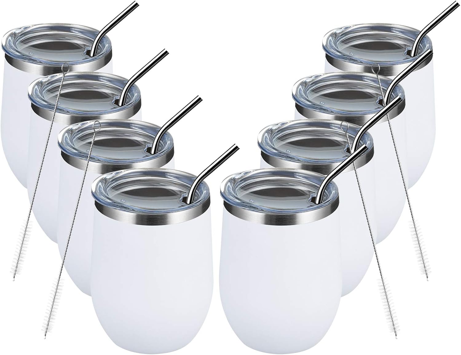 MEWAY 12oz/8 Pack Wine Tumbler Glasses with Lid - Stemless Double Wall Vacuum Stainless Steel Travel Tumbler - Keeping Cold & Hot for Wine,Coffee,Cocktails,Drinks-Family and Gifts (White,Set of 8)