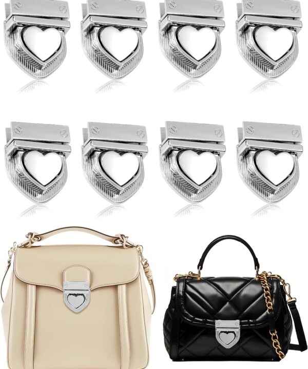 8 Pieces Heart Tuck Lock Clasp Catch, Purse Thumb Buckle Alloy Purse Duck Tongue Lock Clasp, for DIY Craft Bag Wallet Handbag Box Case Making (Silver)