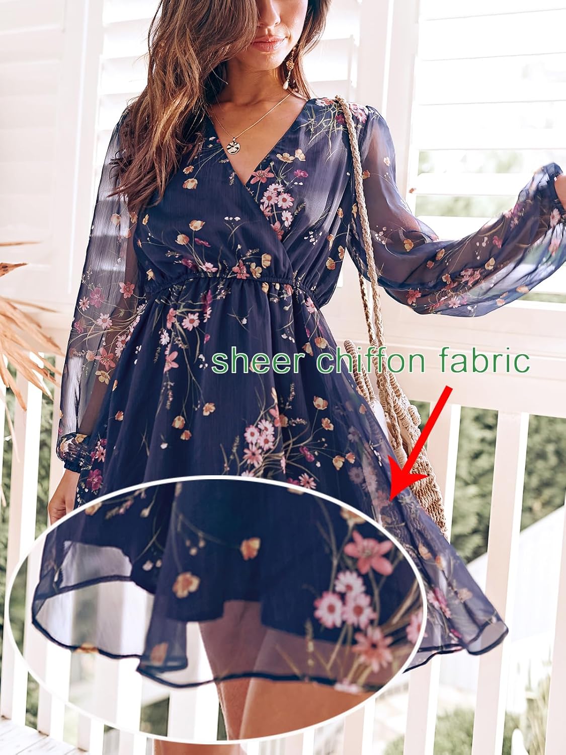 CUPSHE Women’s Mini Dresses Casual Spring V Neck Chiffon Long Peasant Sleeves Flowy Summer Dress