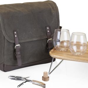LEGACY - a Picnic Time Brand Adventure Wine Tote Bag with Wine Glasses and Mini Table, Khaki Green/Brown