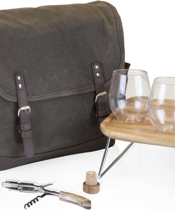 LEGACY - a Picnic Time Brand Adventure Wine Tote Bag with Wine Glasses and Mini Table, Khaki Green/Brown