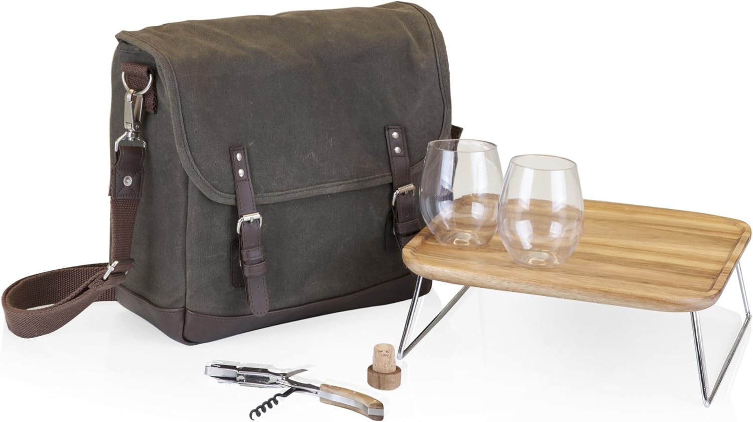 LEGACY - a Picnic Time Brand Adventure Wine Tote Bag with Wine Glasses and Mini Table, Khaki Green/Brown